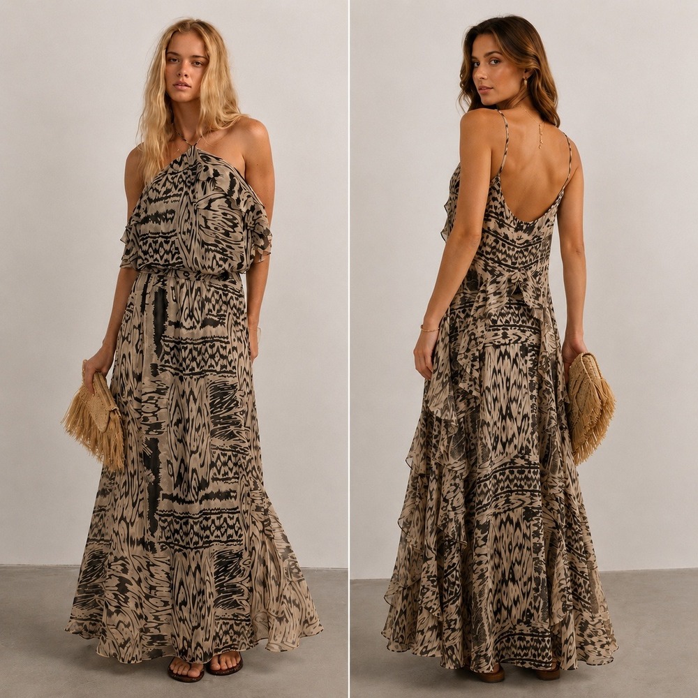 BCBGMaxAzria Beige and Black Printed Maxi Dress
